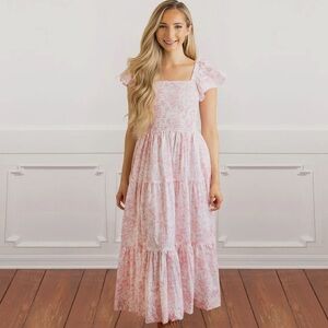 8 Oak Lane Pink Bow Toile Smocked Flutter Sleeve Dress